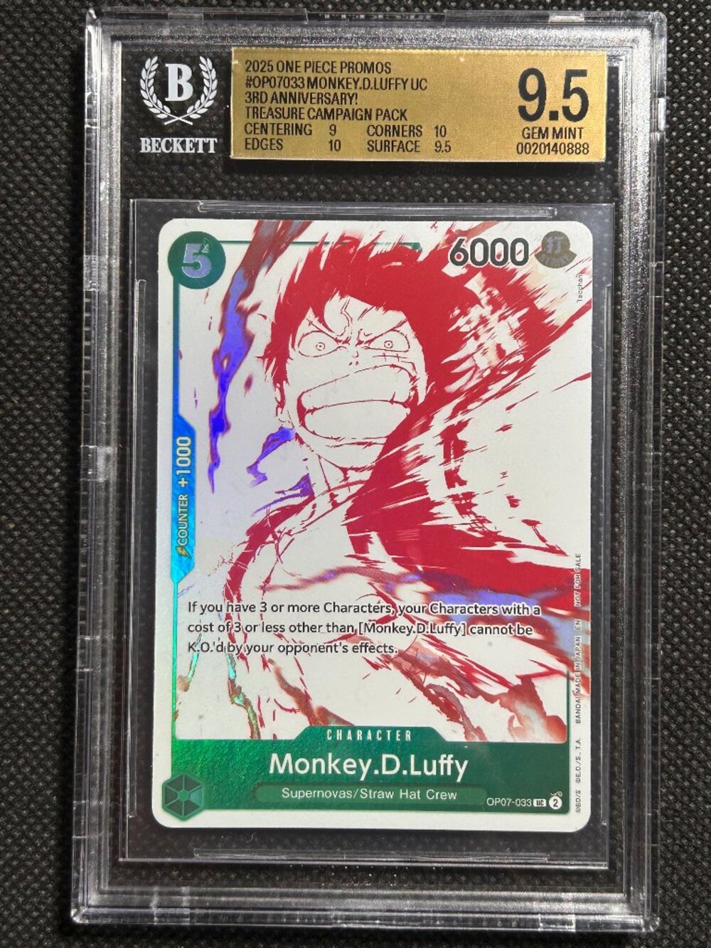 Monkey D Luffy OP07-033 One Piece 3rd Anniversary Treasure Campaign BGS 9.5 GEM
